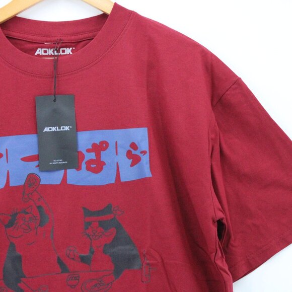 AOKLOK Shirt Mens Red Short Sleeve Japanese Cats Graphic Logo Cotton Small S NWT - Picture 2 of 9